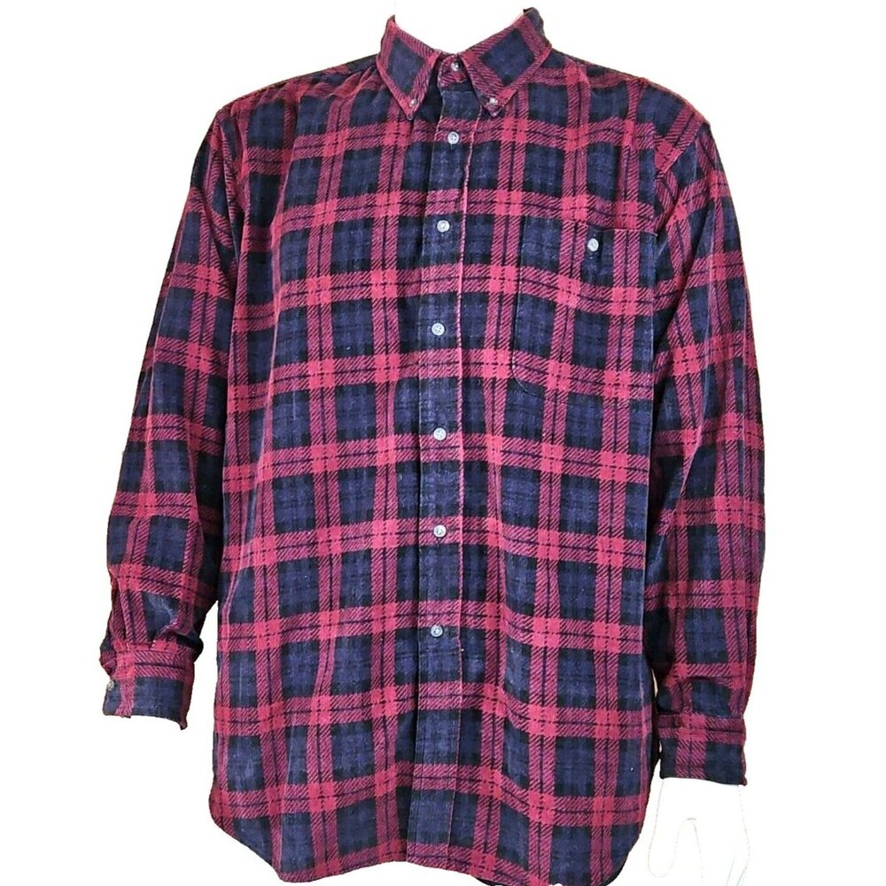 Corduroy Plaid Shirt Mens L Lawton Harbor Long Sleeve Cotton Button Down